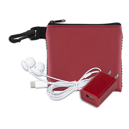 “TechMesh Charge” Mobile Tech Earbud and Charger Kit in Mesh Zipper Pouch Components inserted into Z