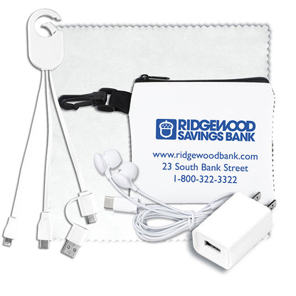 “TechMesh Clip” Mobile Tech Accessory Kit in Mesh Zipper Pouch Components inserted into Zipper Pouch