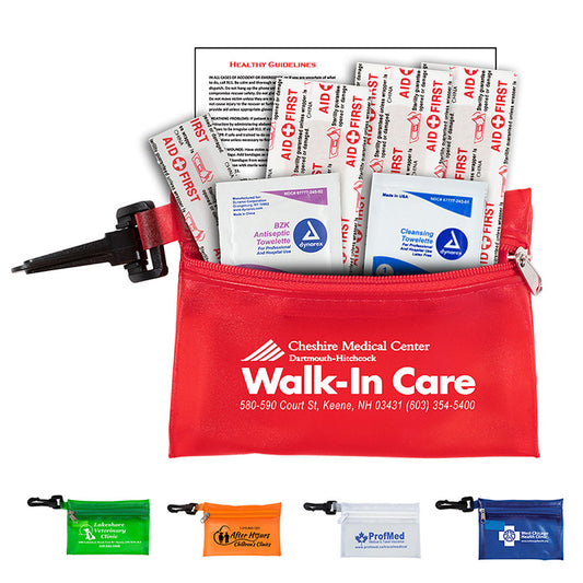 5225-Trans Orange "PARKWAY 7" Piece First Aid Kit inTranslucent Zipper Kit with Plastic Carabiner Attachment