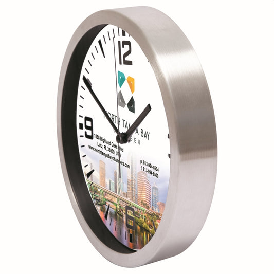 "Balance" 10” Brushed Metal Wall Clock with Glass Lens