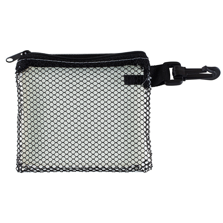 “TechMesh Clip” Mobile Tech Accessory Kit in Mesh Zipper Pouch Components inserted into Zipper Pouch