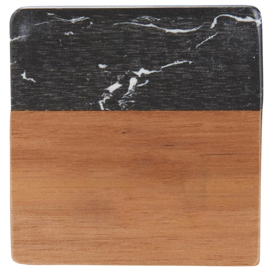 Front View of Black Black Marble and Wood Coaster Set