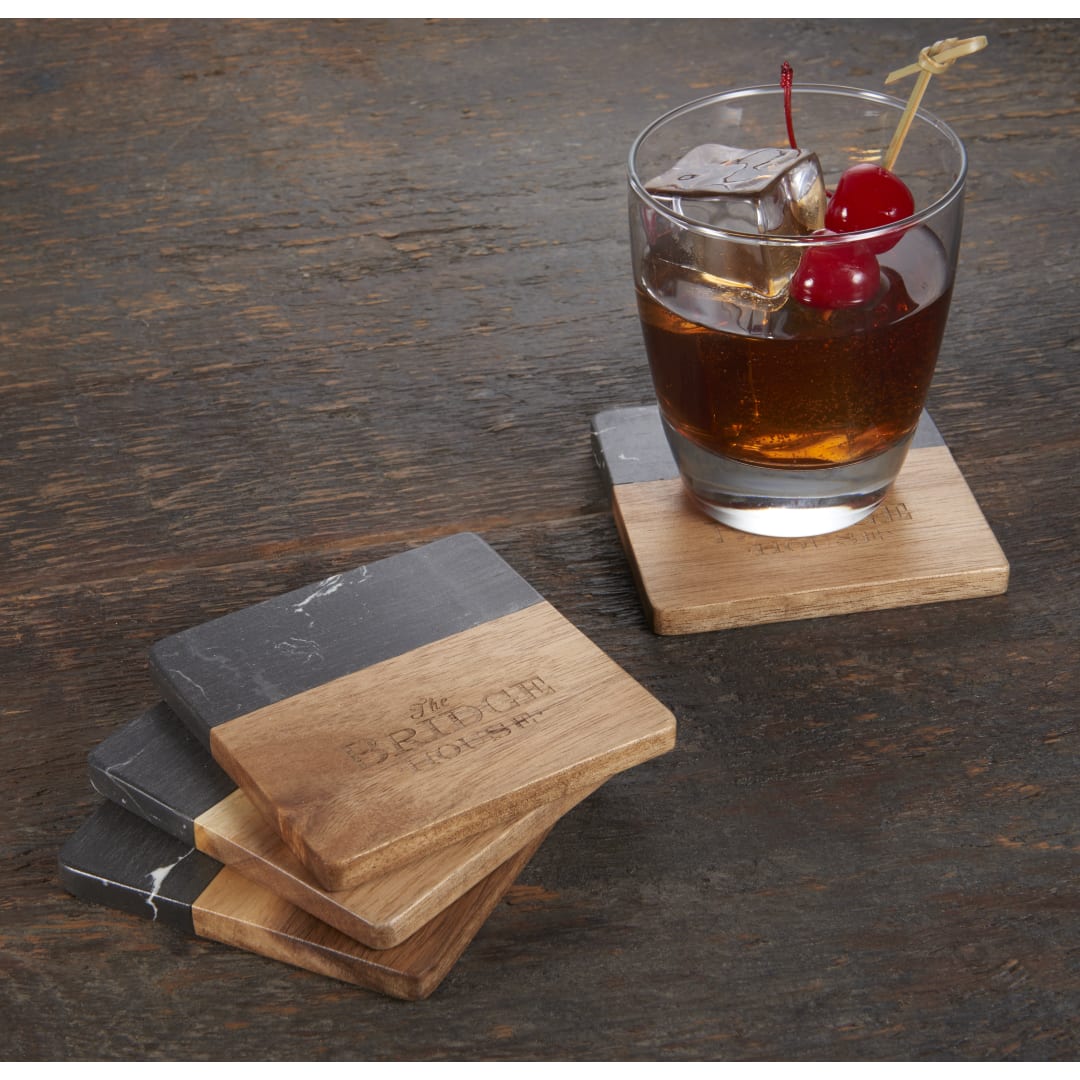 Black Marble and Wood Coaster Set