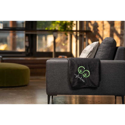 Front View of Black 100% Recycled PET Fleece Blanket with RPET Pouch