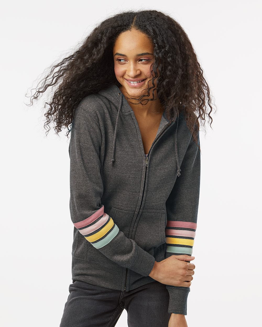 Women's Striped Sleeves Full-Zip Hooded Sweatshirt - W22732