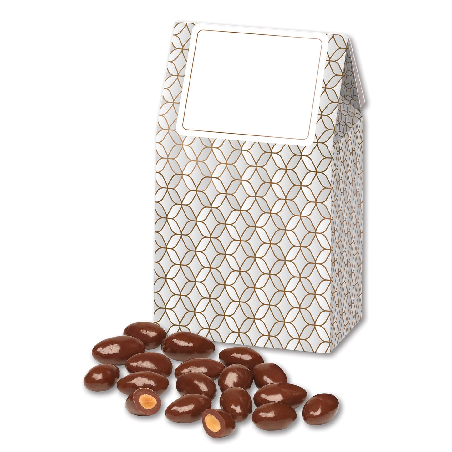 Chocolate Covered Almonds in Silver & Gold Geometric Gable Top Gift Box