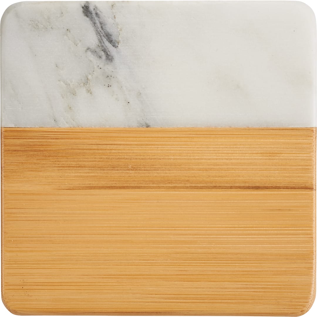Front View of Natural Marble and Bamboo Coaster Set