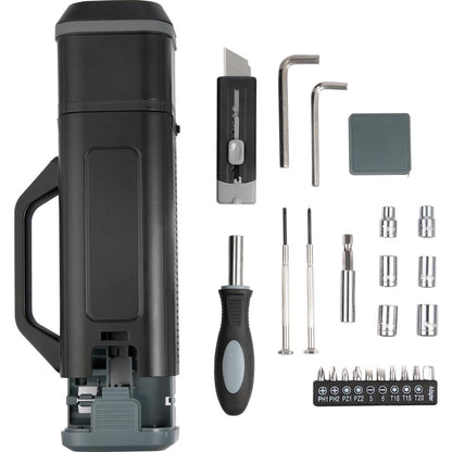 Front View of Black Tool Set with Rechargeable LED Flashlight