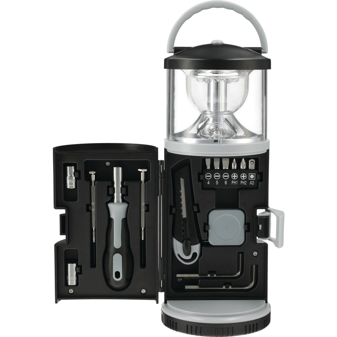 Front View of Black 15 piece Tool Kit with Multi Function Lantern