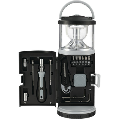 Front View of Black 15 piece Tool Kit with Multi Function Lantern