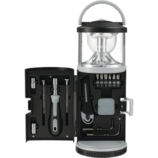 Front View of Black 15 piece Tool Kit with Multi Function Lantern