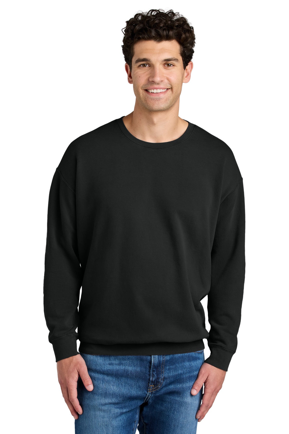 Front View of Black Comfort Colors Lightweight Crewneck Sweatshirt 1466  - S