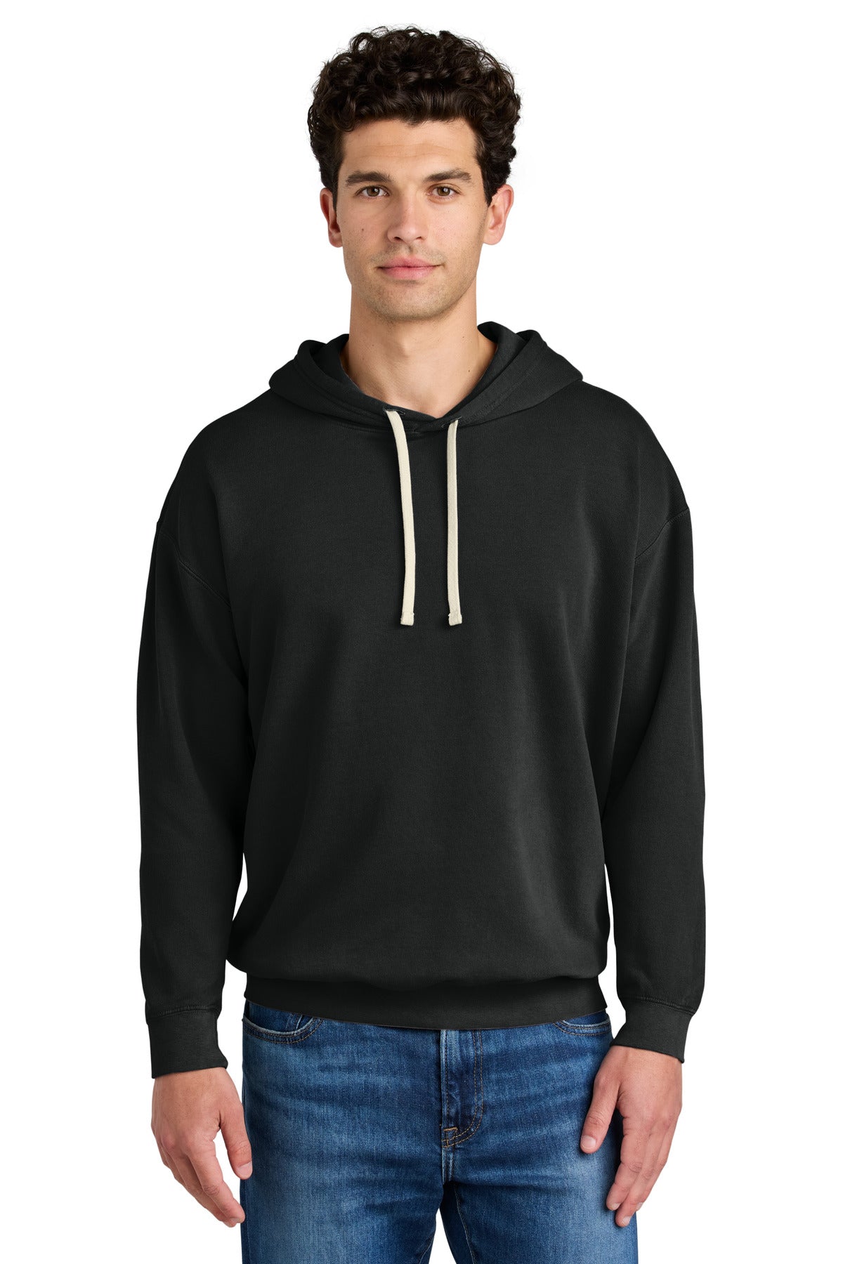 Front View of Black Comfort Colors Lightweight Hooded Sweatshirt 1467  - S