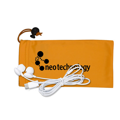 Mobile Tech Earbud Kit in Microfiber Cinch Pouch Components inserted into Microfiber Pouch