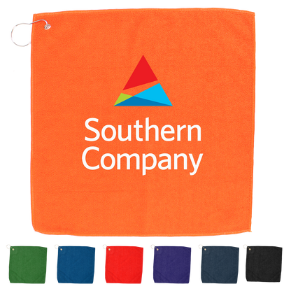 Black 15" X 15" RPET Hemmed Golf Towel with Hook & Grommet