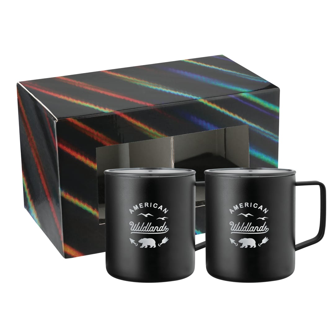 Front View of Black Rover Camp Mug 14oz Powder coated 2 in 1 Gift Set