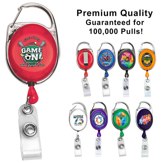 Translucent Red "Oberlin PI" 30” Cord PhotoImage ® Full Color Imprint* Retractable Carabiner Style Badge Reel and Ba