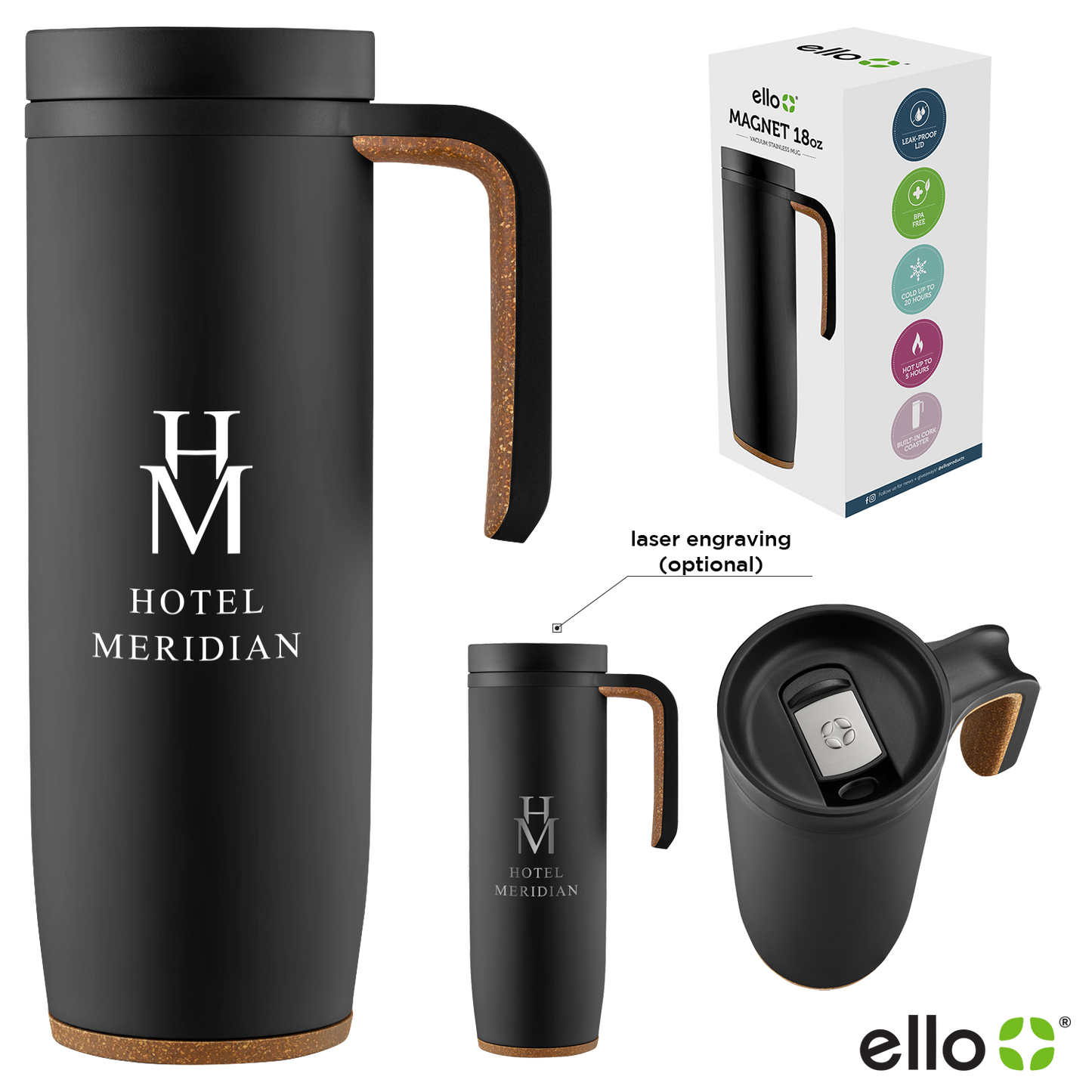 Black 18 Oz Ello Magnet Vacuum Stainless Mug