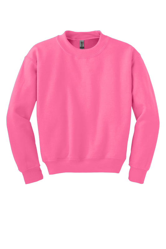 Front View of SafetyPink Gildan Youth Heavy Blend Crewneck Sweatshirt. 18000B  - XS