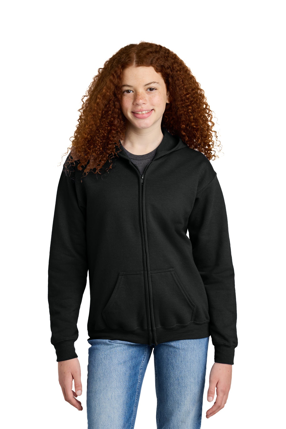 Front View of Black Gildan Youth Heavy Blend Full-Zip Hooded Sweatshirt. 18600B  - XS