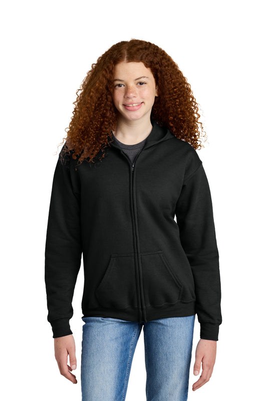 Front View of Black Gildan Youth Heavy Blend Full-Zip Hooded Sweatshirt. 18600B  - XS