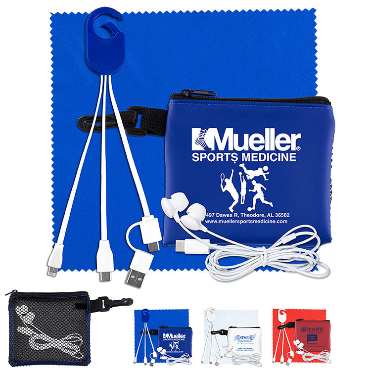 Blue “TechMesh Hang Tunes” Mobile Tech Charging Kit with Earbuds and Charging Cable in Mesh Zipper Pouch