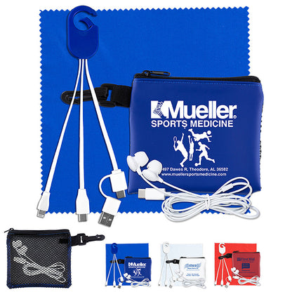 Blue “TechMesh Hang Tunes” Mobile Tech Charging Kit with Earbuds and Charging Cable in Mesh Zipper Pouch