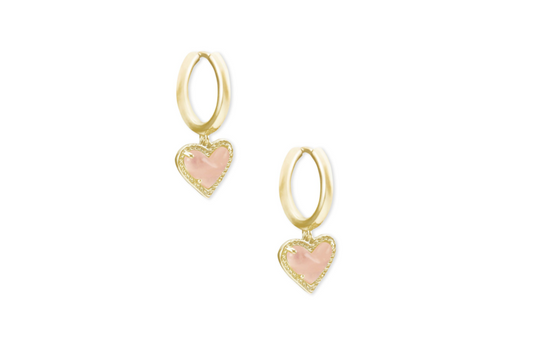 Kendra Scott Ari Heart Gold Huggie Earrings in Rose Quartz