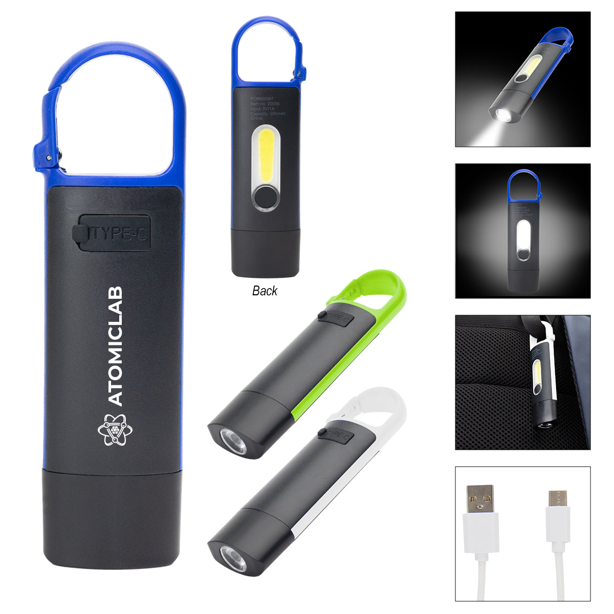 BLACK WITH LIME Rechargeable Carabiner COB Flashlight