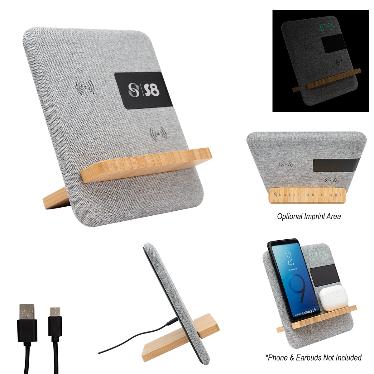 GRAY Fabric & Bamboo Wireless Charger With Clock