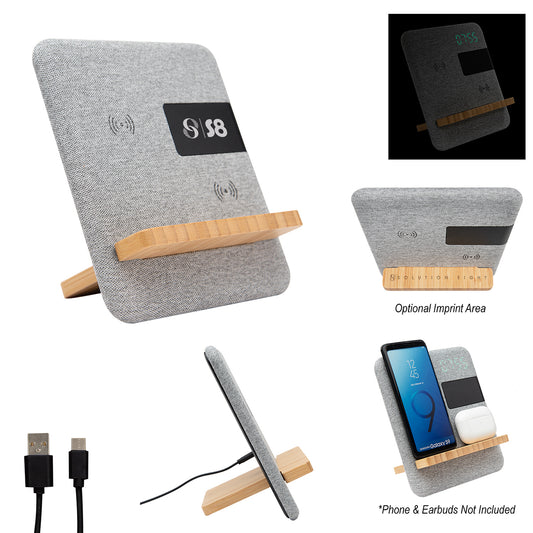 GRAY Fabric & Bamboo Wireless Charger With Clock