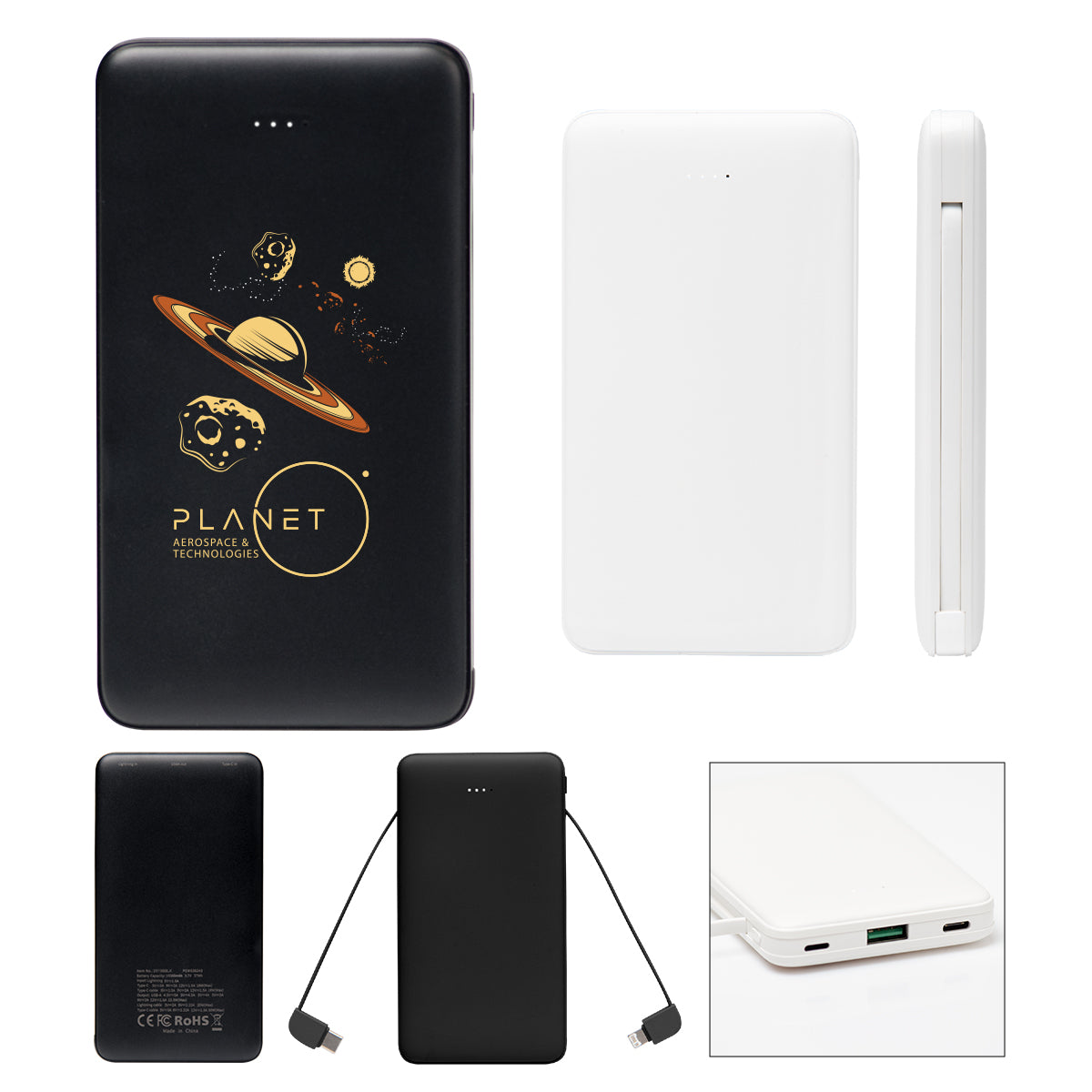 BLACK 10,000 mAh Power Bank With Integrated Cables