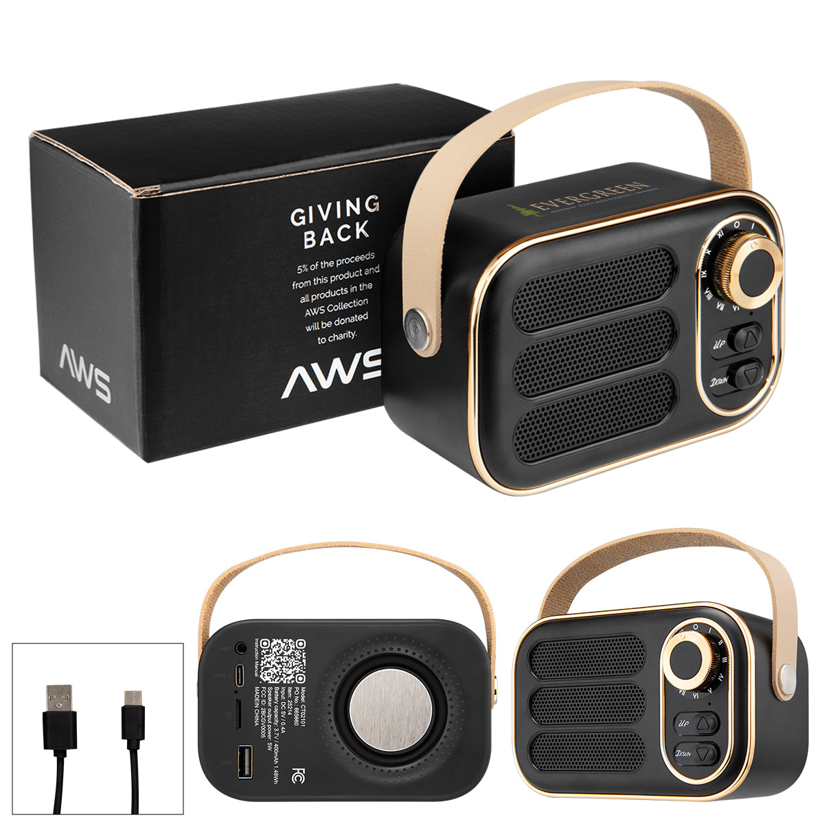 BLACK WITH GOLD AWS Retro Boom FM Radio & Wireless Speaker