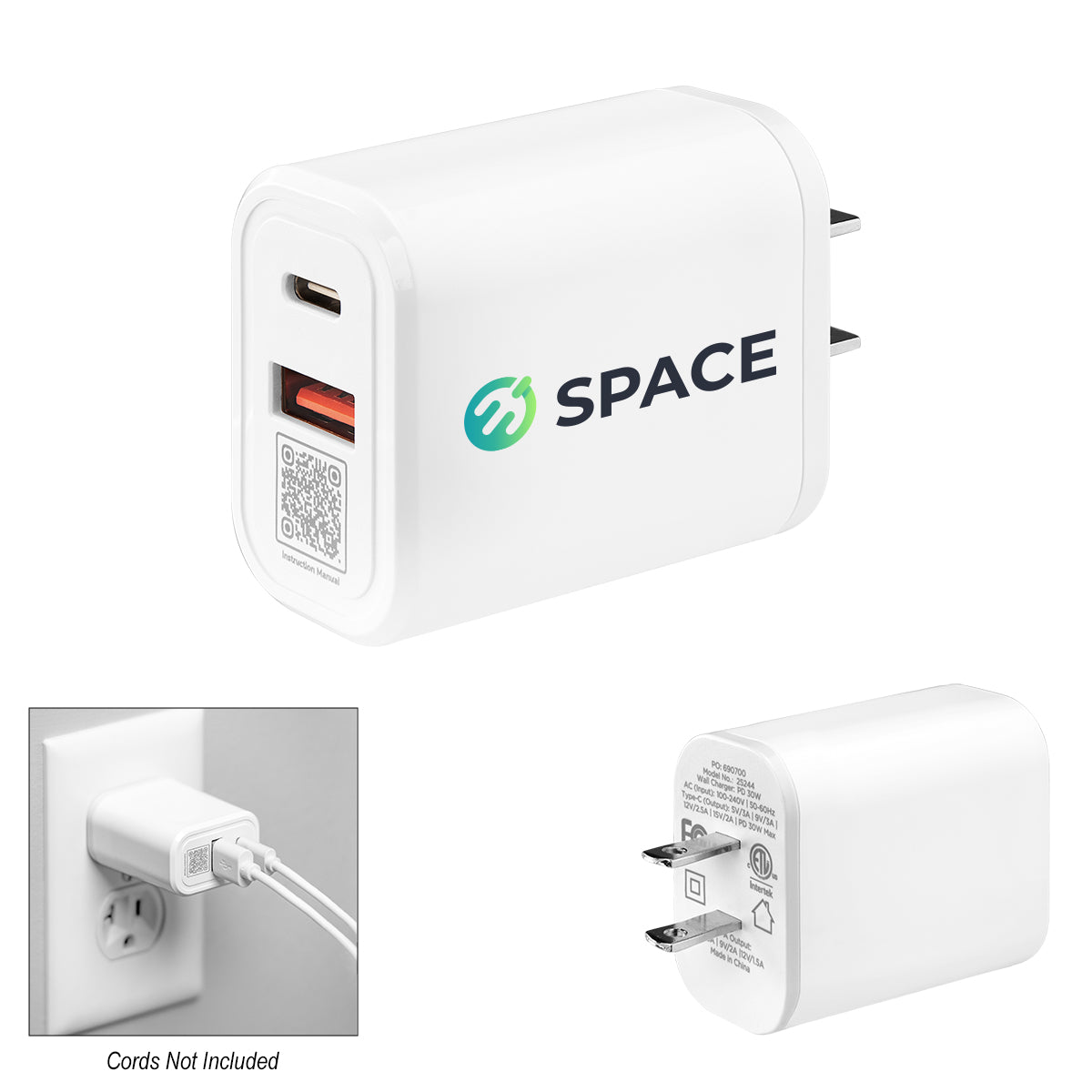 WHITE 30W ETL Listed Wall Adapter