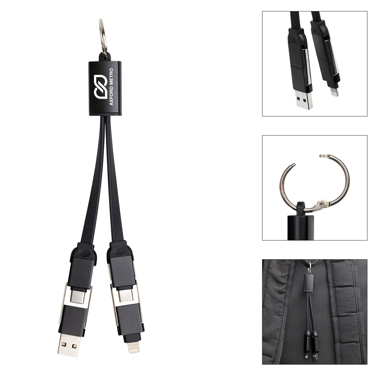 BLACK WITH SILVER Multi-Charge Cables With Round Carabiner