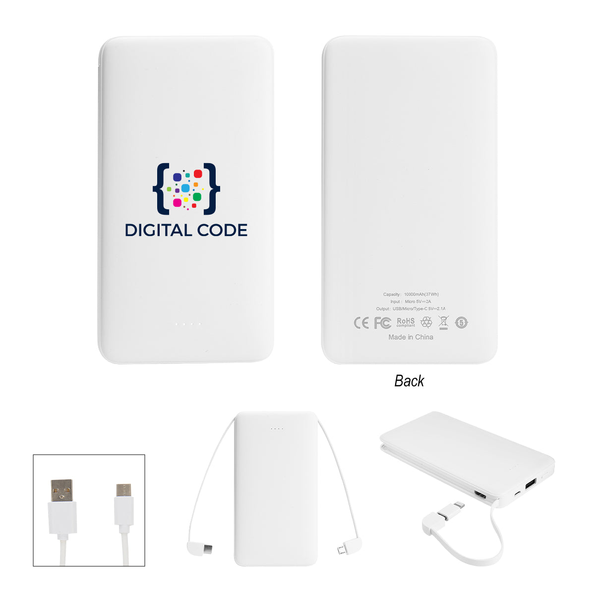 WHITE 10,000 mAh Multi-Cable Power Bank