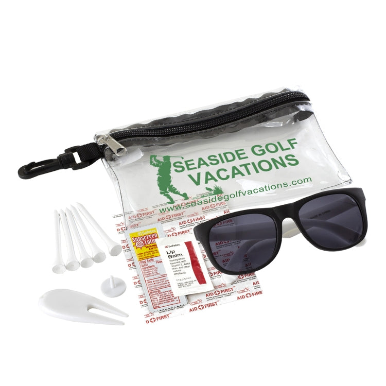 "CHIP" 15 Piece Golf Kit in Supersized Zipper Pack Components inserted into Zipper kit with Carabine