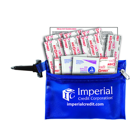 "TROUTDALE" 13 Piece First Aid Kit inTranslucent Zipper Kit with Plastic Carabiner Attachment