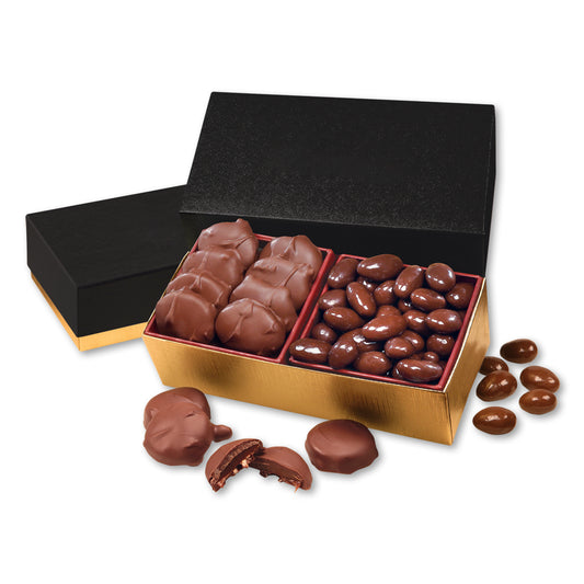 Caramel Pecan Clusters & Chocolate Almonds in Black & Gold Gift Box