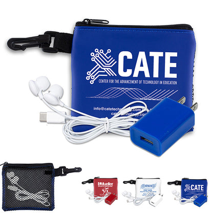 Blue “TechMesh Charge” Mobile Tech Earbud and Charger Kit in Mesh Zipper Pouch Components inserted into Z
