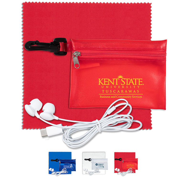 Trans Red Earbud Tech Kit with Microfiber Cleaning Cloth In Translucent Carabiner Zipper Pouch
