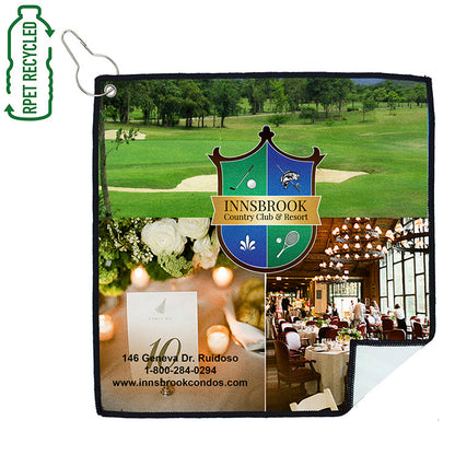 12" X 12" -"TEE OFF" Recycled RPET Suede Golf Towel Full Color Import Air Ship