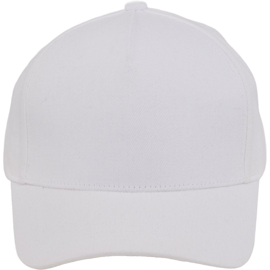 Front View of White Recycled Cotton Twill 5 Panel Ballcap - Unisex