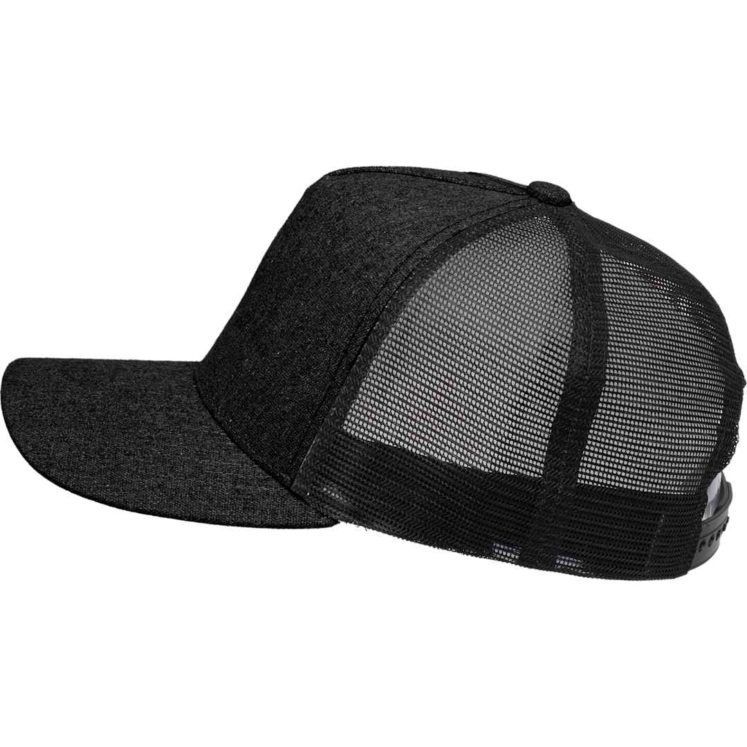 Left View of Black Recycled Cotton Canvas 5 Panel Mesh Back Ballcap