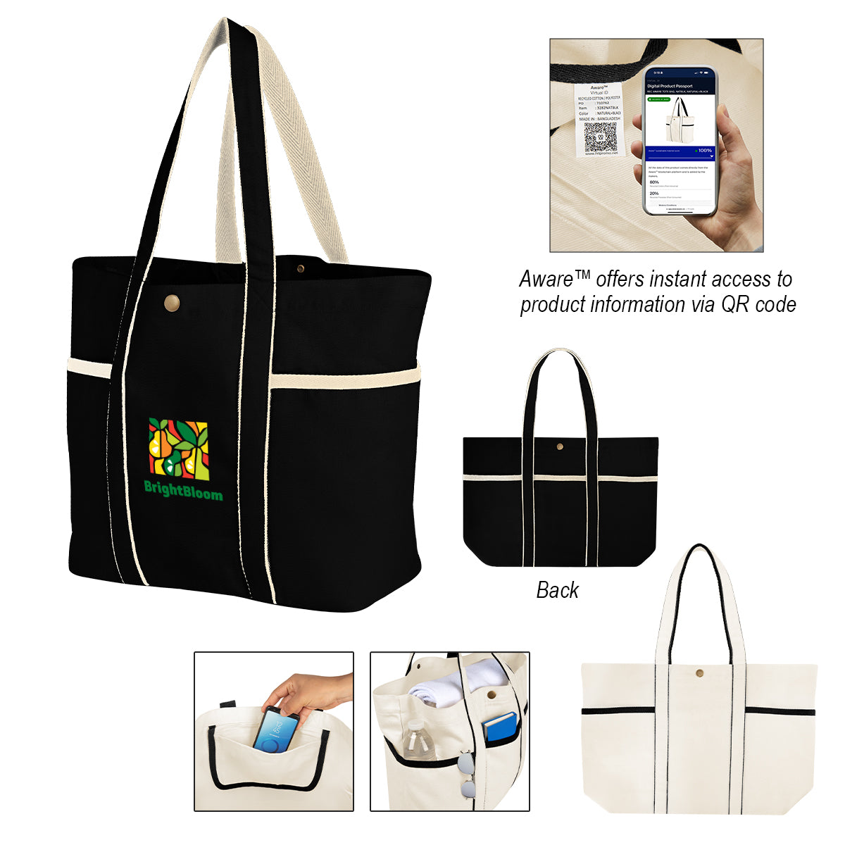 BLACK WITH NATURAL Aware™ 10 Oz. Recycled Cotton Canvas Tote Bag