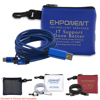 Blue “TechMesh Wired” Mobile Tech Charging Cable Kit in Mesh Zipper Pouch Components inserted into Zipper