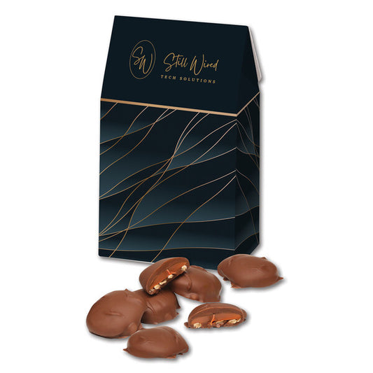 Caramel Pecan Clusters in Navy & Gold Gable Top Gift Box