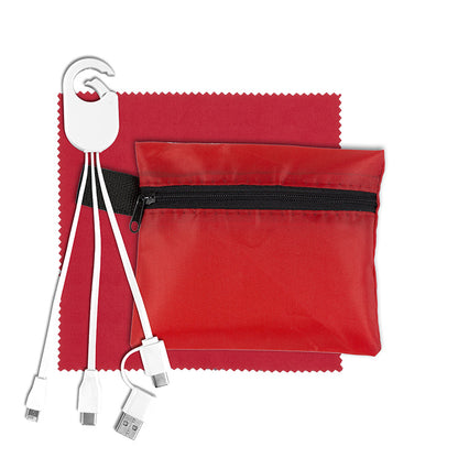 Mobile Tech Charging Cables In Zipper Pouch Components inserted into Polyester Zipper Pouch