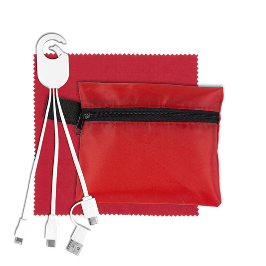 Mobile Tech Charging Cables In Zipper Pouch Components inserted into Polyester Zipper Pouch