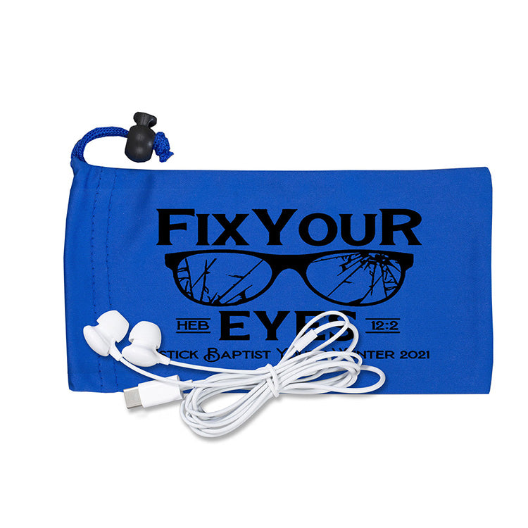 Mobile Tech Earbud Kit in Microfiber Cinch Pouch Components inserted into Microfiber Pouch